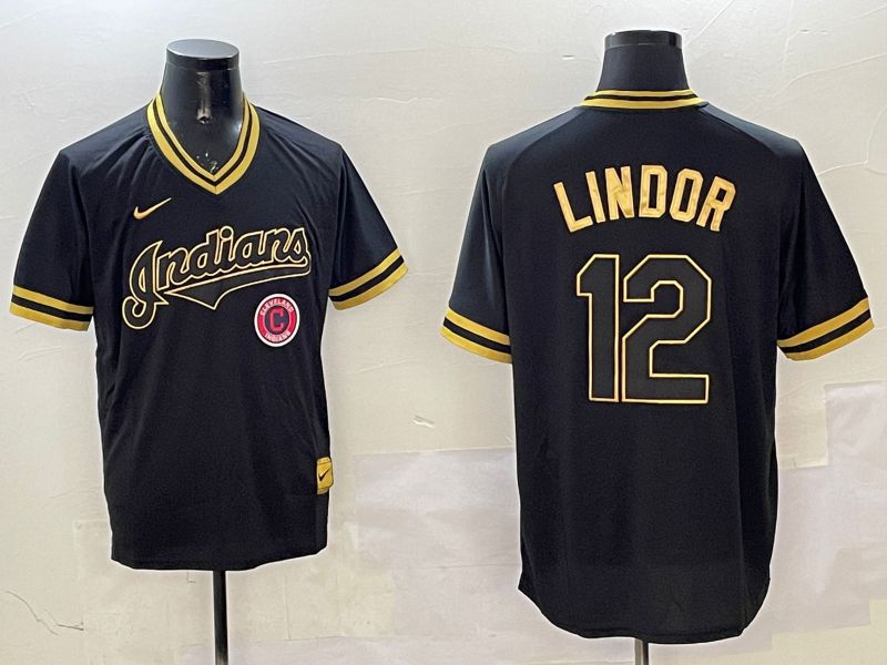 Men Cleveland Indians #12 Lindor Black Gold Game 2025 Nike MLB Jersey style 7